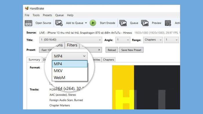 HandBrake software functions - format conversion
