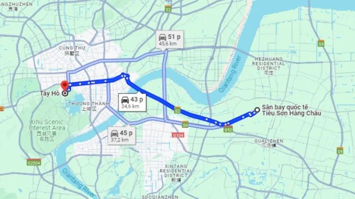 The Route from Xiaoshan Airport to West Lake Hangzhou