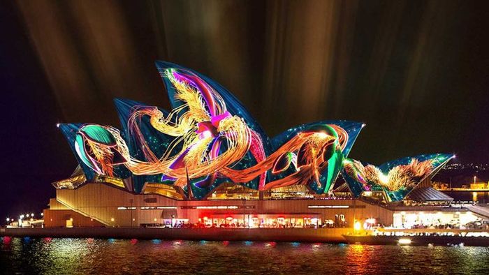 The iconic Shell-shaped Opera House shines brightly during the Sydney light festival