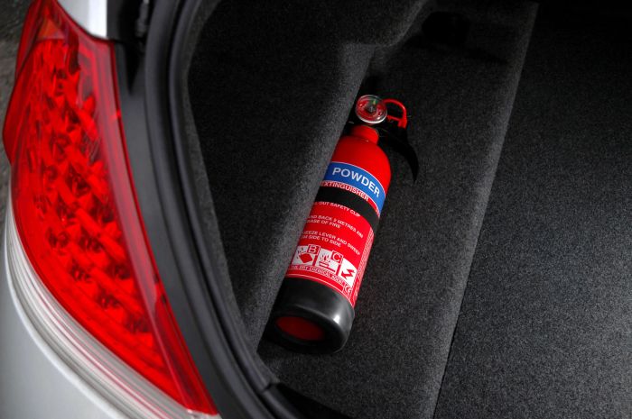 A fire extinguisher is placed securely in the trunk of a car, positioned firmly on the carpeted floor.