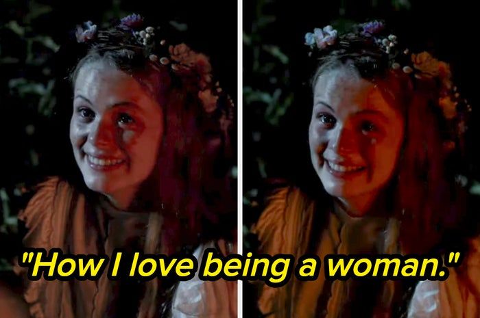 A woman wearing a flower crown smiles warmly with the quote: "How I love being a woman."