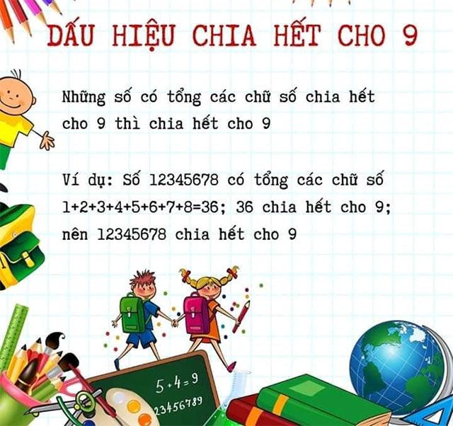 Dấu hiệu chia hết cho 9: Nếu tổng các chữ số của một số là bội số của 9, số đó sẽ chia hết cho 9.