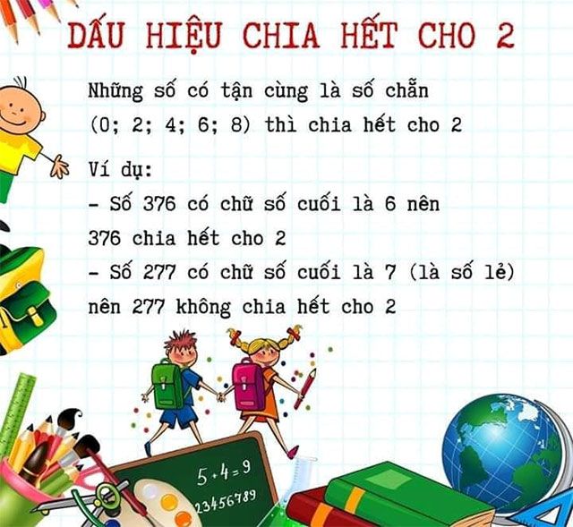 Dấu hiệu chia hết cho 2: Nếu chữ số tận cùng của một số là 0, 2, 4, 6 hoặc 8, số đó sẽ chia hết cho 2.