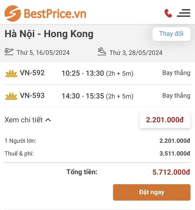 Vietnam Airlines flight prices from Hanoi to Hong Kong on Mytour