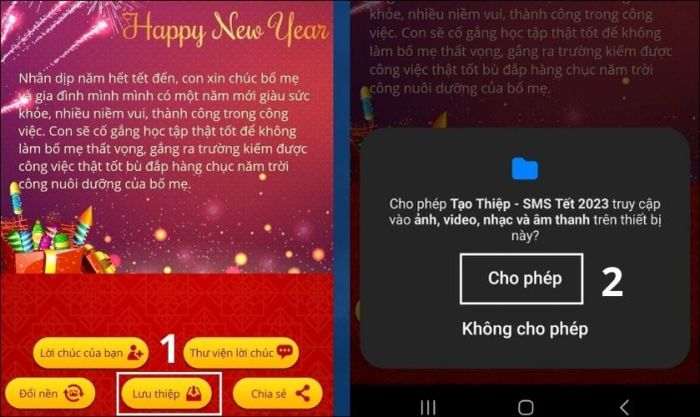 Nhấn Lưu thiệp và Cho phép để lưu thiệp về máy