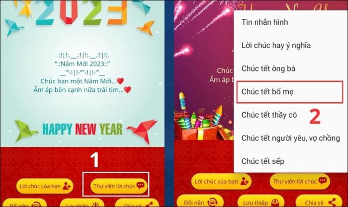 Nhấn vào Thư viện lời chúc để chọn lời chúc phù hợp