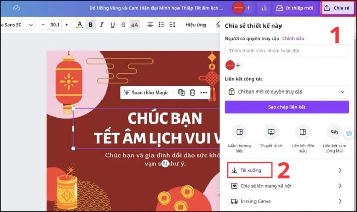 Nhấn vào Chia sẻ và chọn Tải xuống để lưu thiệp về thiết bị