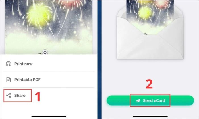 Nhấn Share và chọn Send eCard để chia sẻ thiệp với người khác