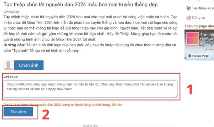 Nhấn Tạo ảnh sau khi điền lời chúc vào khung Lời chúc