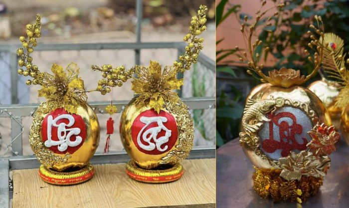 Trang trí dừa Tết với chữ nổi kim tuyến đẹp mắt