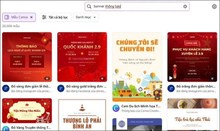 Truy cập Canva, nhập “banner thông báo” vào thanh tìm kiếm và chọn mẫu banner phù hợp với bạn.