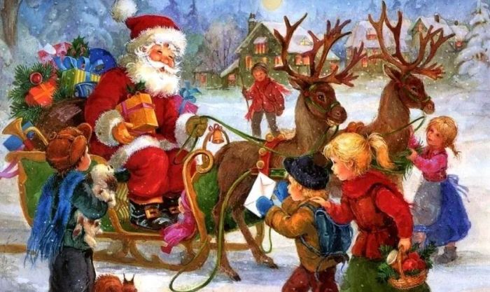 Tranh vẽ về tuần lộc và ông già Noel trong không khí Giáng sinh