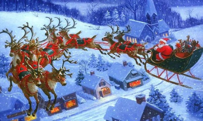 Ông già Noel đang cưỡi tuần lộc, lướt qua tuyết phủ trong đêm lạnh giá.