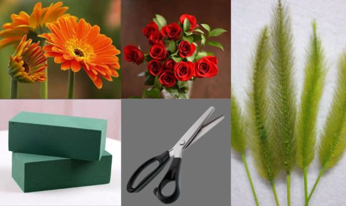 Chuẩn bị dụng cụ để cắm hoa đồng tiền ngày Tết kiểu hình oval
