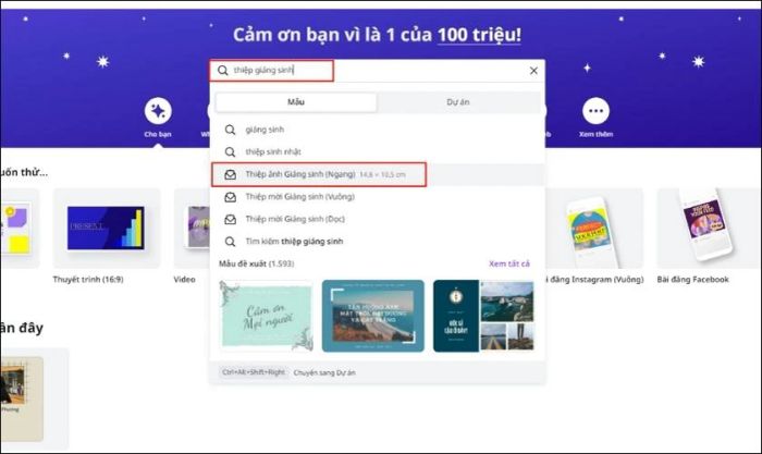 hướng dẫn tìm kiếm từ khóa Giáng Sinh trên Canva, tạo thiệp trực tuyến trên máy tính