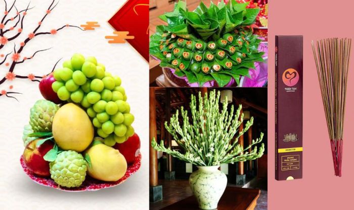 Mâm cúng Tết thường được bổ sung thêm rượu, hoa, nhang,...