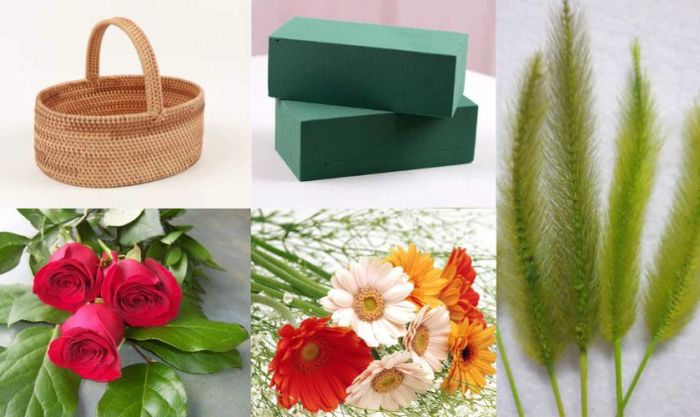Chuẩn bị dụng cụ để cắm hoa đồng tiền ngày Tết kiểu vòm trong giỏ mây