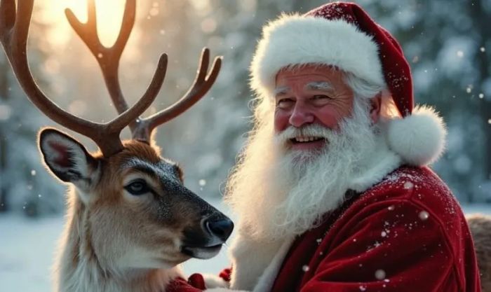 Chú tuần lộc ngước nhìn ông già Noel