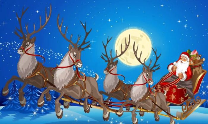 Ông già Noel và đoàn tuần lộc đang cùng nhau di chuyển trong đêm tối.