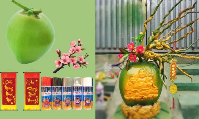Trang trí quả dừa ngày Tết bằng các biểu tượng Tết