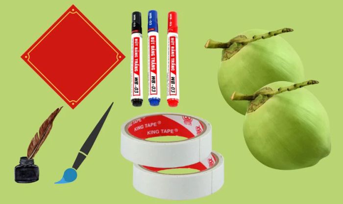 Dán chữ thư pháp trang trí quả dừa ngày Tết và những nguyên liệu cần thiết
