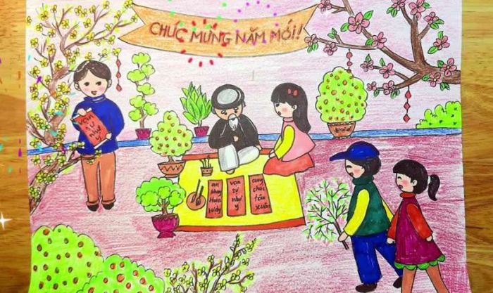 Trang trí Tết mầm non 2025 với tranh vẽ