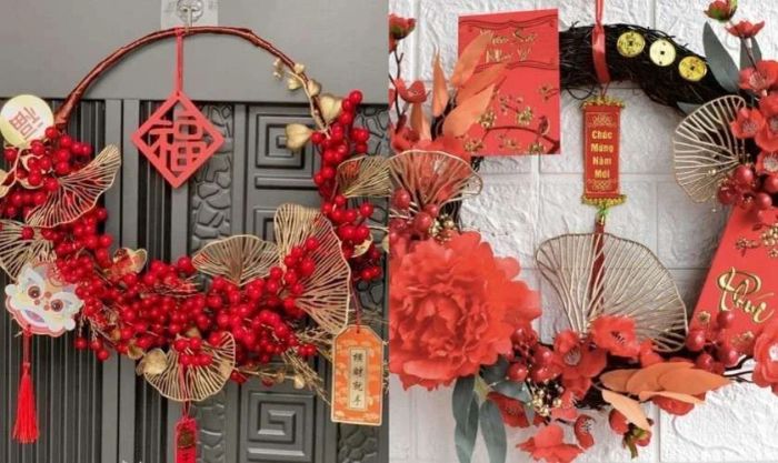 Trang trí gian hàng Tết bằng vòng hoa