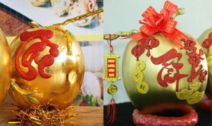 Trang trí dừa Tết với chữ nổi kim tuyến đơn giản