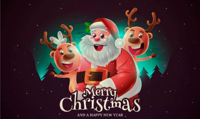 Thiệp Noel đáng yêu với hình ông già Noel và đàn tuần lộc