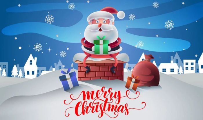 Thiệp chibi ông già Noel đang chui ống khói