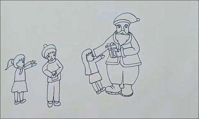 Vẽ một em bé đứng bên cạnh cánh tay đang đưa xuống của ông già Noel