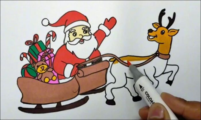 Cách vẽ ông già Noel cưỡi tuần lộc - Phần hoàn thiện và tô màu