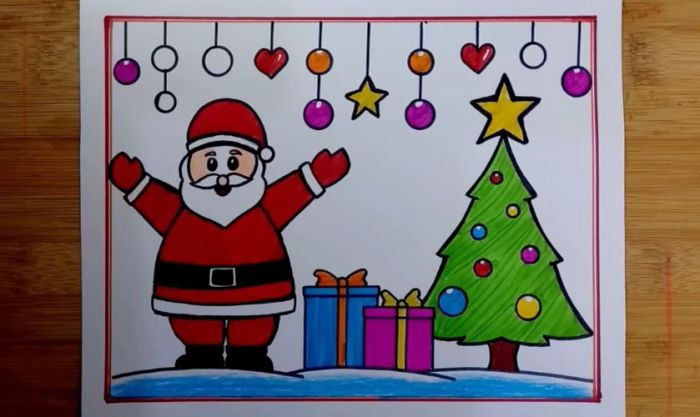 Cách vẽ ông già Noel và cây thông - Phần tô màu