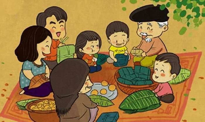 Tranh vẽ ngày Tết với chủ đề gói bánh chưng dễ thương