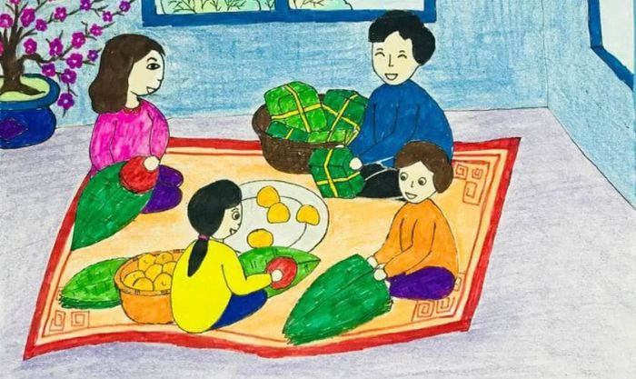 Tranh vẽ ngày Tết với chủ đề gói bánh chưng