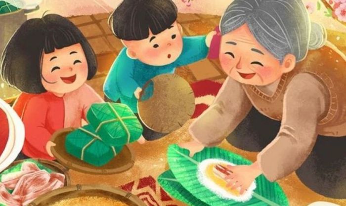 Bé và bà cùng gói bánh chưng Tết phiên bản chibi