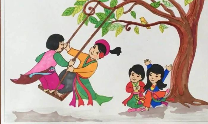 Tranh vẽ ngày Tết với chủ đề trò chơi dân gian đẹp, đáng yêu