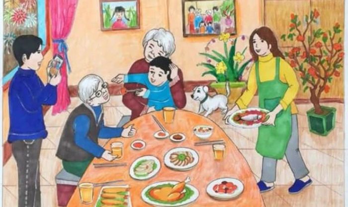 Tranh với chủ đề mâm cơm mùa Xuân