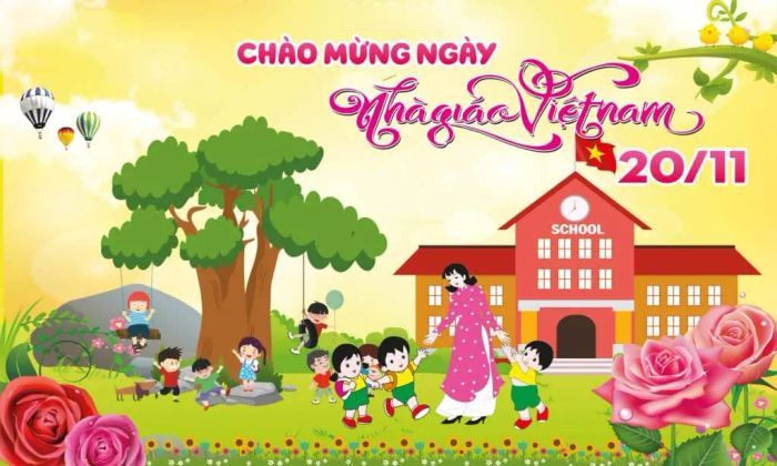Backdrop chào mừng ngày Nhà giáo Việt Nam 20/11, mang đến không gian trang trọng và ý nghĩa cho sự kiện đặc biệt này.