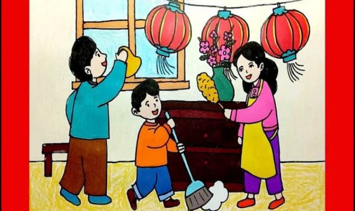 Tranh vẽ Tết với chủ đề gia đình ấm áp