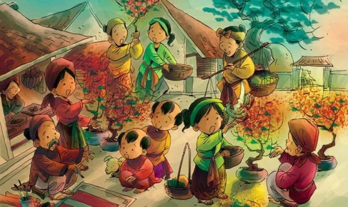 Mẫu tranh vẽ ngày Tết quê em vào mùa Xuân