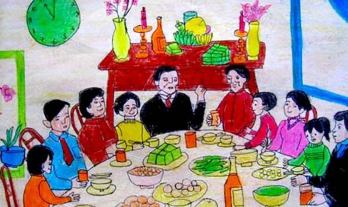 Tranh với chủ đề mâm cơm mùa Xuân ấm cúng