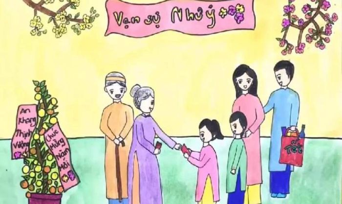 Tranh vẽ Tết với chủ đề gia đình đẹp
