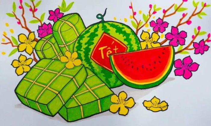 Tranh vẽ ngày Tết với chủ đề các món ăn truyền thống