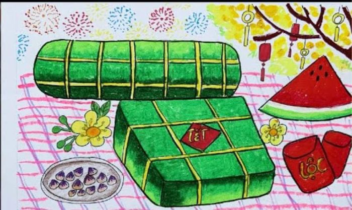 Tranh vẽ ngày Tết với chủ đề các món ăn truyền thống hấp dẫn