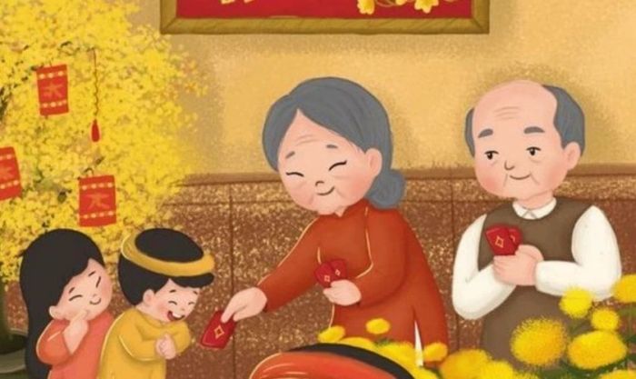 Bé chúc Tết ông bà và nhận lì xì phiên bản chibi