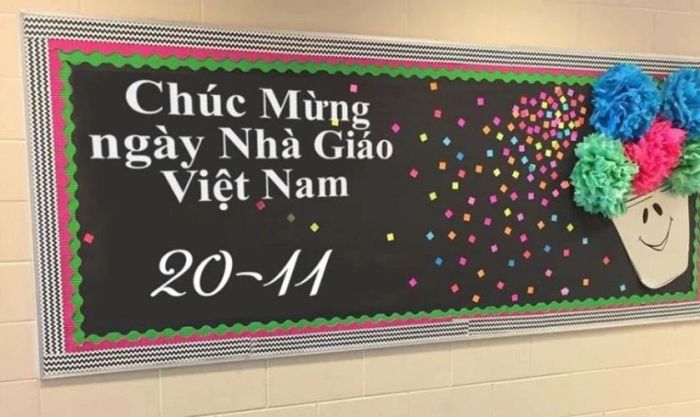 Mẫu trang trí bảng lớp 20/11 bằng hình dán đơn giản mà đẹp mắt