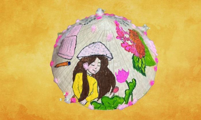 Mẫu nón lá 20/10 với chủ đề thầy cô, trường lớp, biểu tượng của tình thầy trò thiêng liêng.