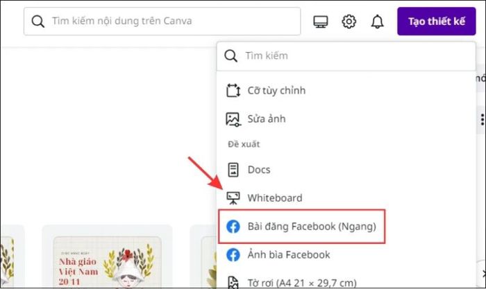 Nhấn vào mục Bài đăng Facebook trên Canva
