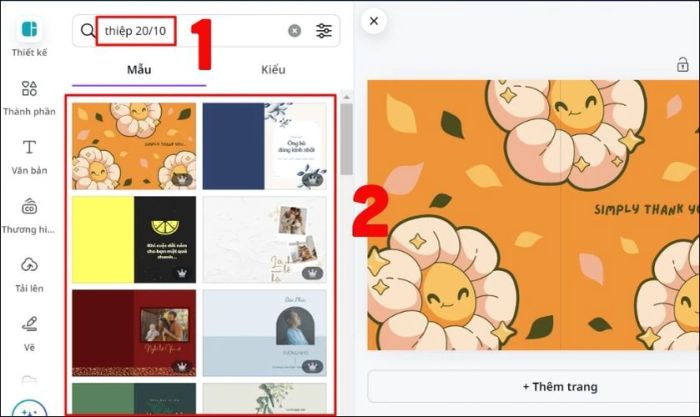Tiếp theo, bạn nhập cụm từ “thiệp 20/10” vào ô trống như hình và tìm kiếm các mẫu thiệp có sẵn trên Canva
